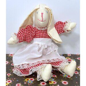 Handmade Rabbit Rag Doll Floppy Ears Gingham Dress Apron Easter Primitive Vintag